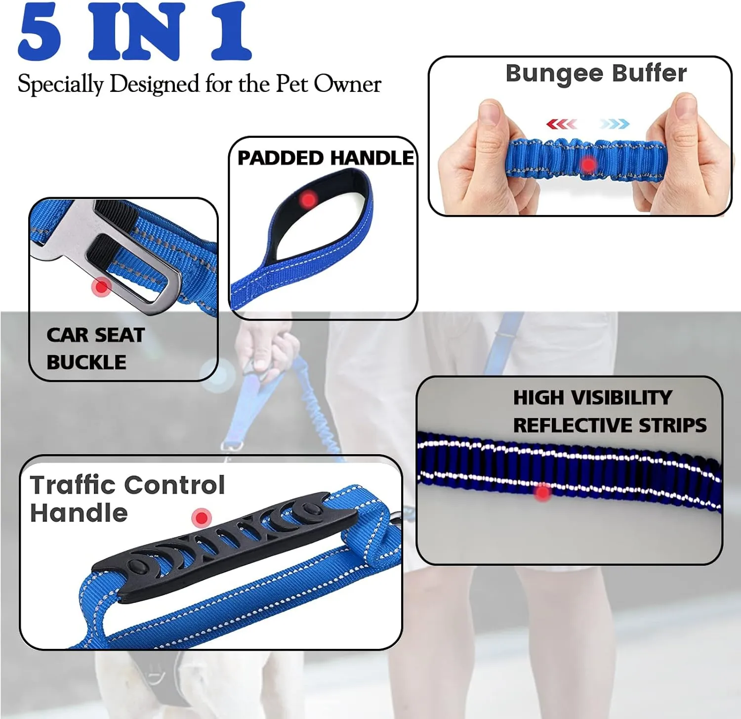 Heavy Duty Dog Leash for Large Dogs, 4-6FT Traffic Padded 2 Handles for Extra Control, Strong Shock Absorbing Bungee With Car Safety Buckle, Reflective for Night Walking