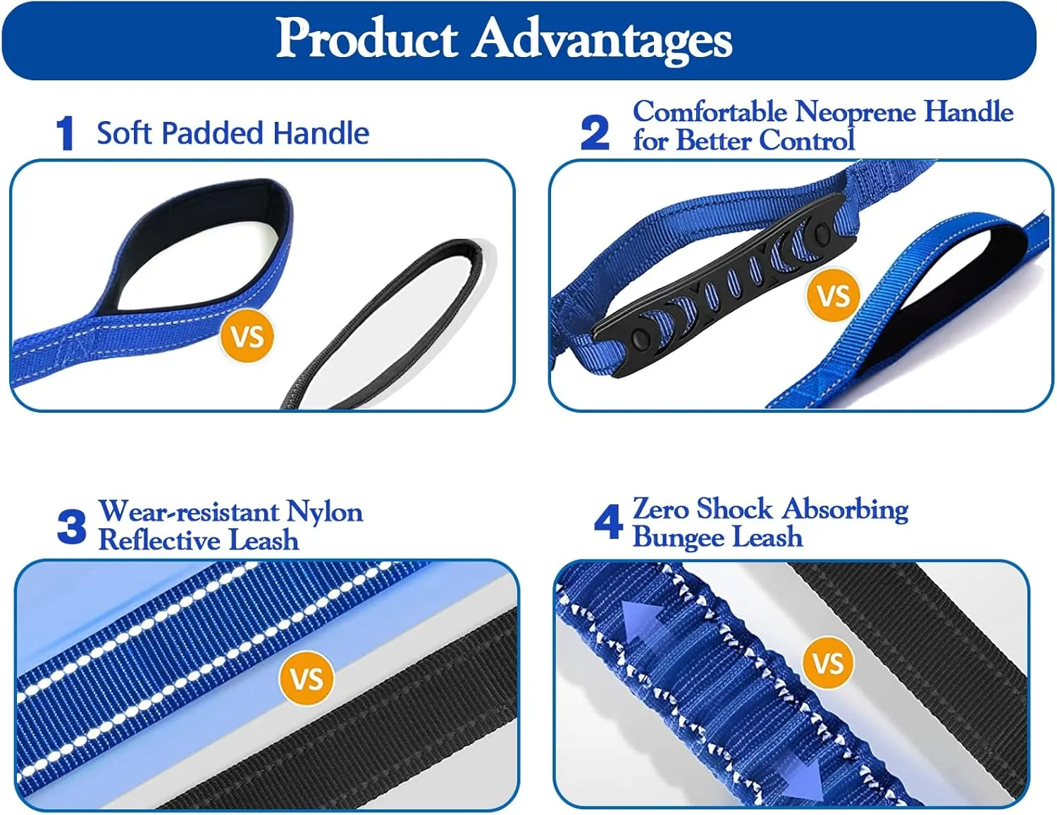Heavy Duty Dog Leash for Large Dogs, 4-6FT Traffic Padded 2 Handles for Extra Control, Strong Shock Absorbing Bungee With Car Safety Buckle, Reflective for Night Walking