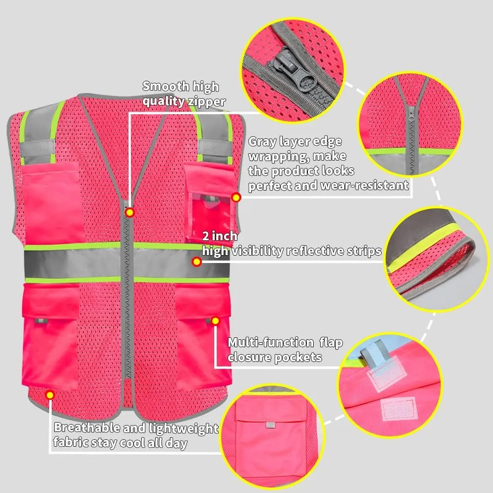HYCOPROT High Visibility Mesh Safety Reflective Vest with Pockets and Zipper, Meets ANSI/ISEA Standards