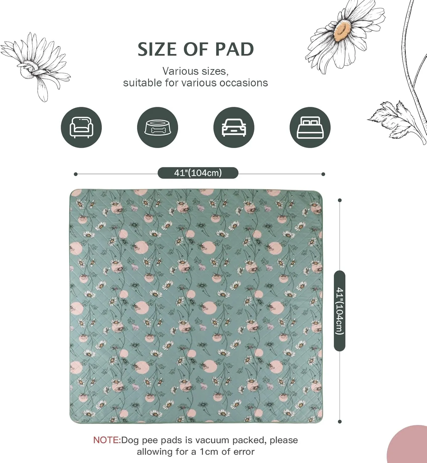 IEUUMLER Washable Pee Pads for Dogs, 2 Pack Non-Slip & Waterproof Pack Whelping Pad, Reusable Washable Puppy Potty Training Pad with Fast Absorbent for Playpen EU007 (Green Daisy, 41"X41"-2pcs)