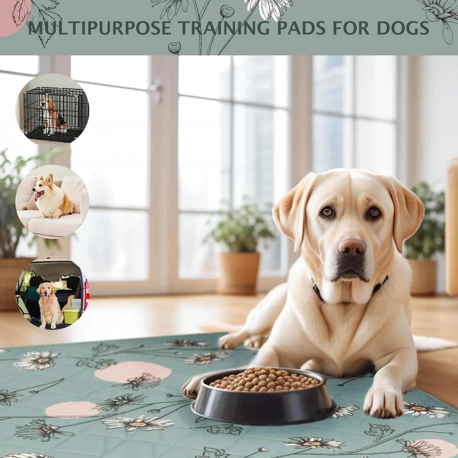 IEUUMLER Washable Pee Pads for Dogs, 2 Pack Non-Slip & Waterproof Pack Whelping Pad, Reusable Washable Puppy Potty Training Pad with Fast Absorbent for Playpen EU007 (Green Daisy, 41"X41"-2pcs)