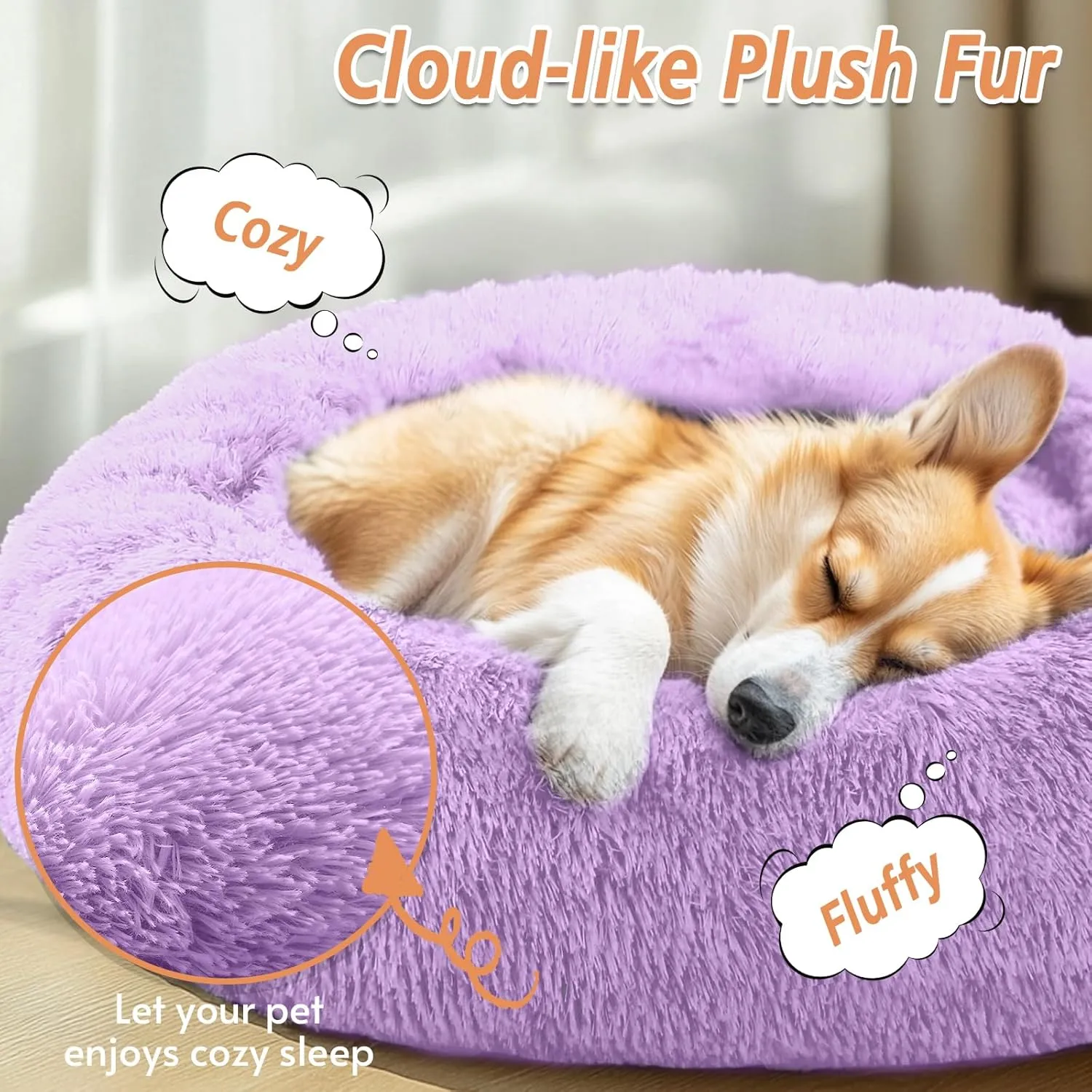 JOLLYVOGUE Medium Calming Dog Bed, Anti-Anxiety Donut Cuddler Cat Bed with Anti-Slip Bottom, Fluffy Faux Fur Machine Washable Pet Cushion for Medium Large Dog & Cat (31")