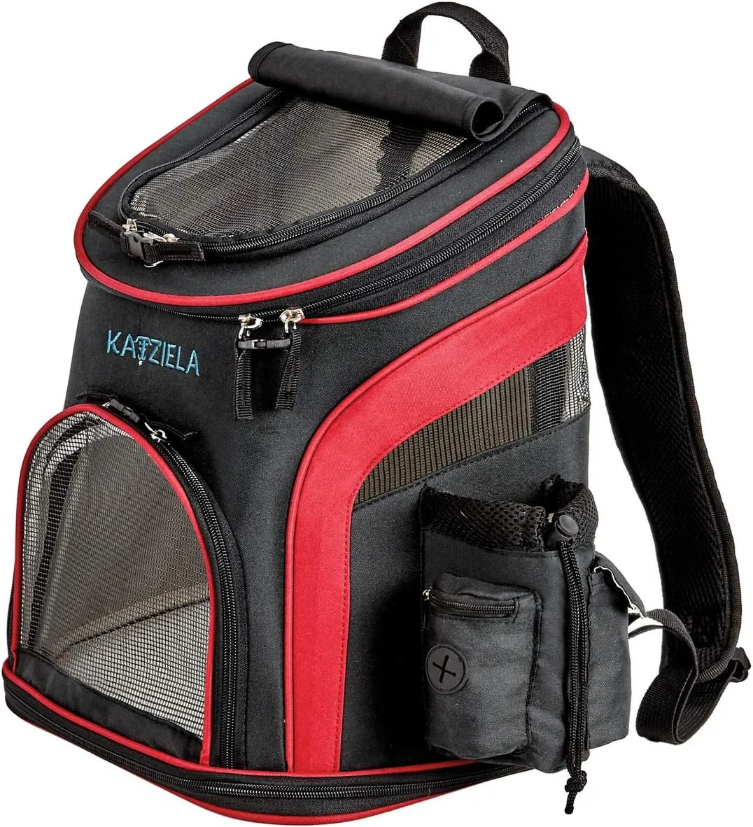 Katziela Pet Carrier Backpack - for Small Dogs and Cats - Water Bottle, Waste Bag and Storage Pouches, 3 Mesh Windows, Leash Hook - 3 Option Top: Open, Mesh or Shade - Bonus: 2 Poop Bag Rolls  Red