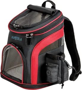 Katziela Pet Carrier Backpack - for Small Dogs and Cats - Water Bottle, Waste Bag and Storage Pouches, 3 Mesh Windows, Leash Hook - 3 Option Top: Open, Mesh or Shade - Bonus: 2 Poop Bag Rolls  Red