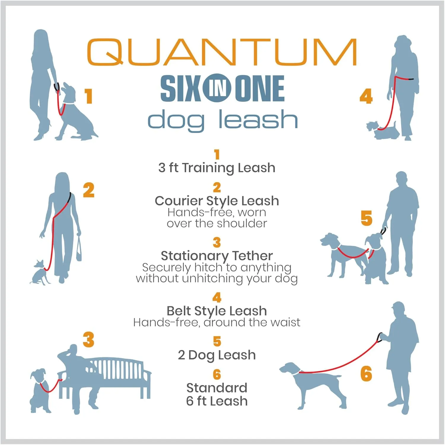 Kurgo 6 in 1 Quantum Leash, Hands Free Leash for Dogs, Running Belt Lead, Crossbody & Waist Belt Style, Reflective, Carabiner Clip, for Training, Hiking, or Jogging, 4 Colors