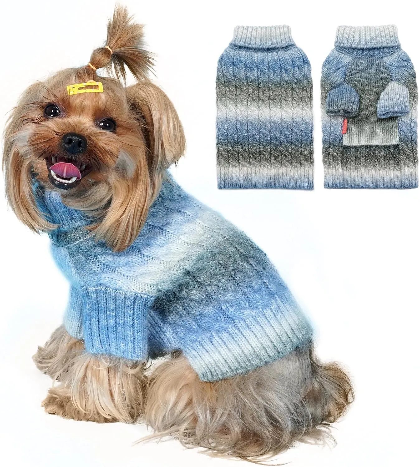 KYEESE Dog Sweater Cable Knit Thick Fuzzy Dog Knitwear Turtleneck Warm with Sleeves Dogs Clothes Gradient Color, Blue, XLarge