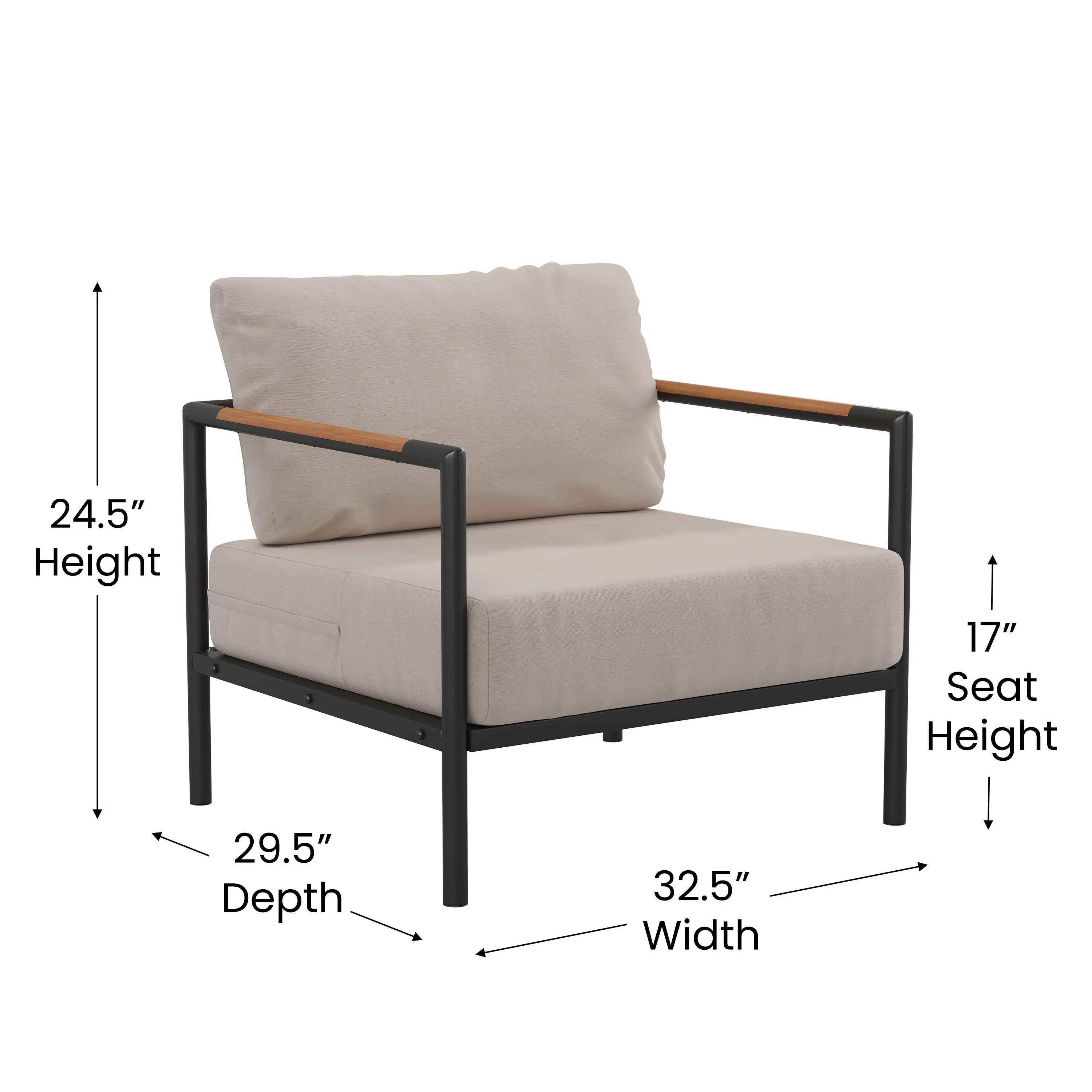 Lea Indoor/Outdoor Patio Chair with Cushions - Modern Aluminum Framed Chair with Teak Accented Arms