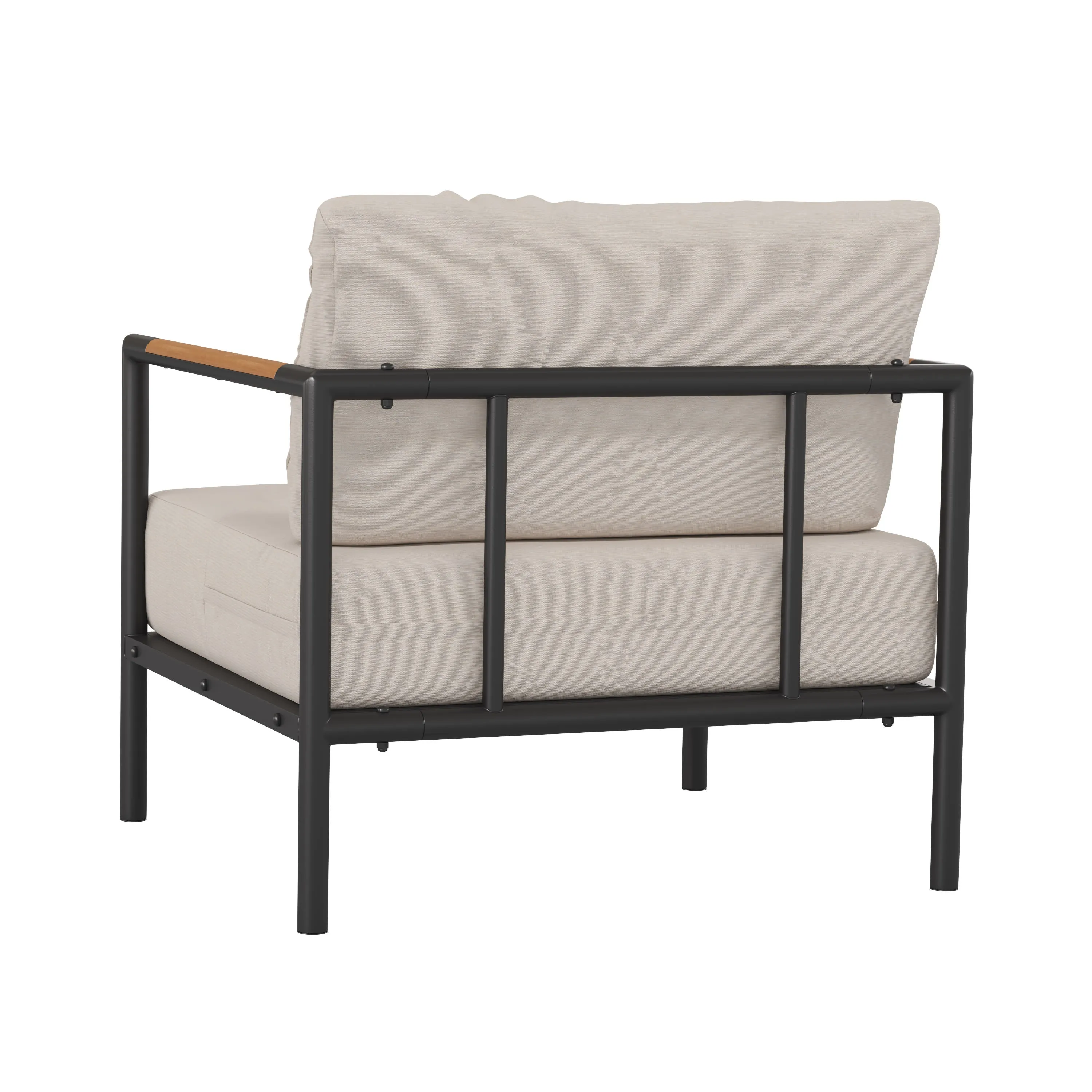Lea Indoor/Outdoor Patio Chair with Cushions - Modern Aluminum Framed Chair with Teak Accented Arms