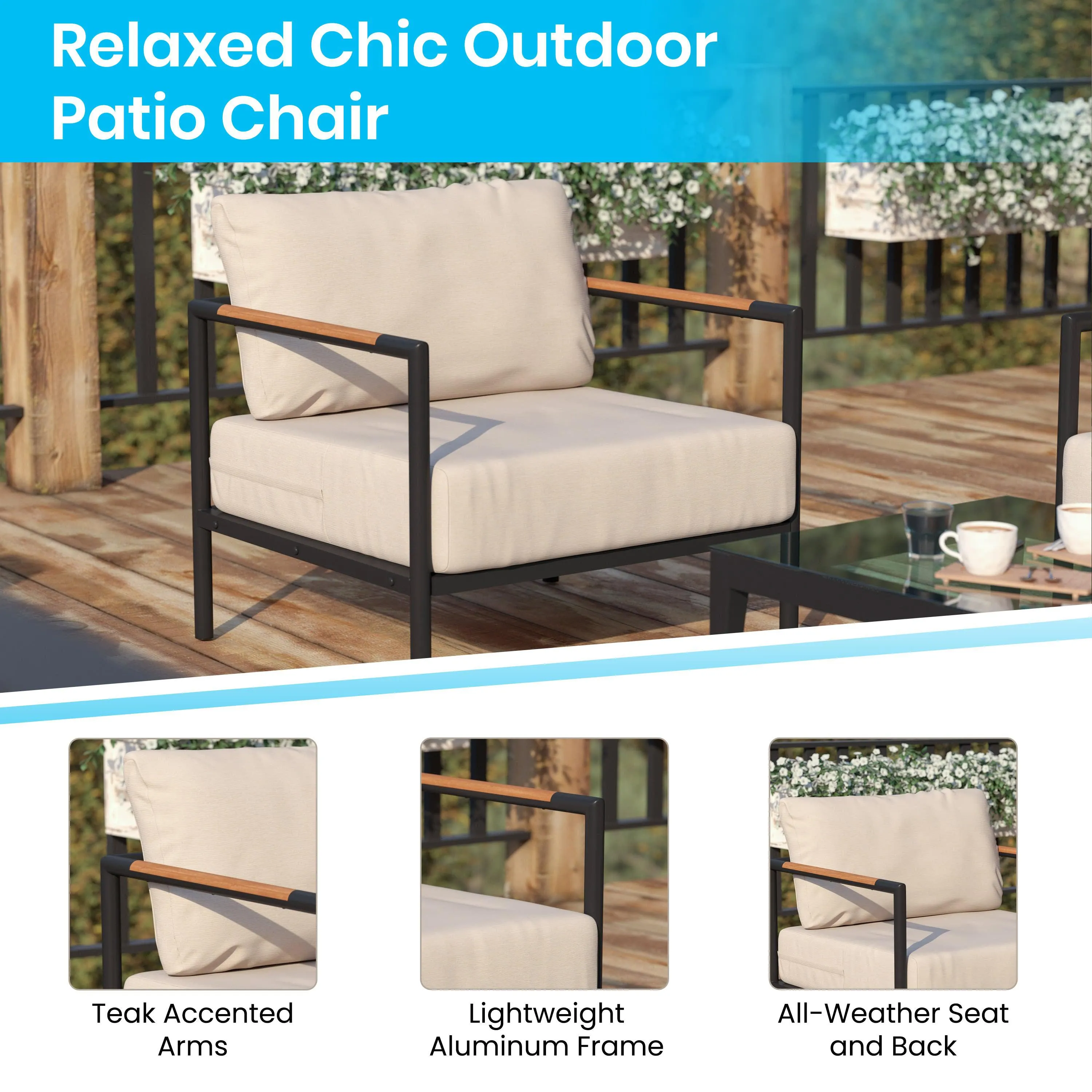 Lea Indoor/Outdoor Patio Chair with Cushions - Modern Aluminum Framed Chair with Teak Accented Arms