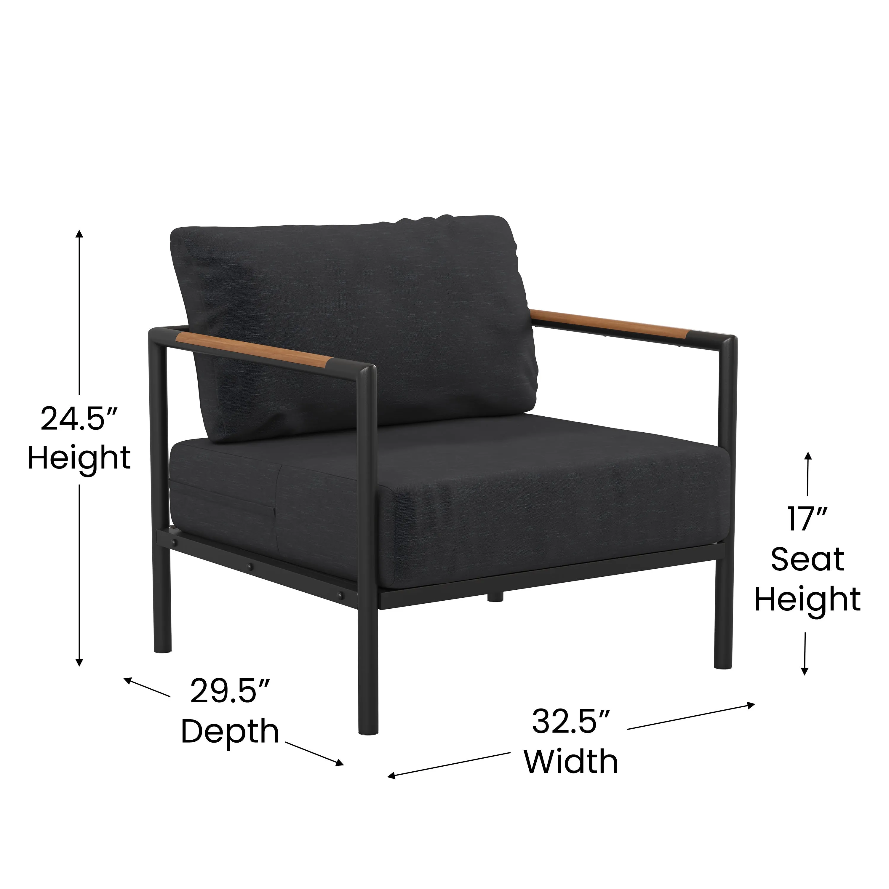 Lea Indoor/Outdoor Patio Chair with Cushions - Modern Aluminum Framed Chair with Teak Accented Arms