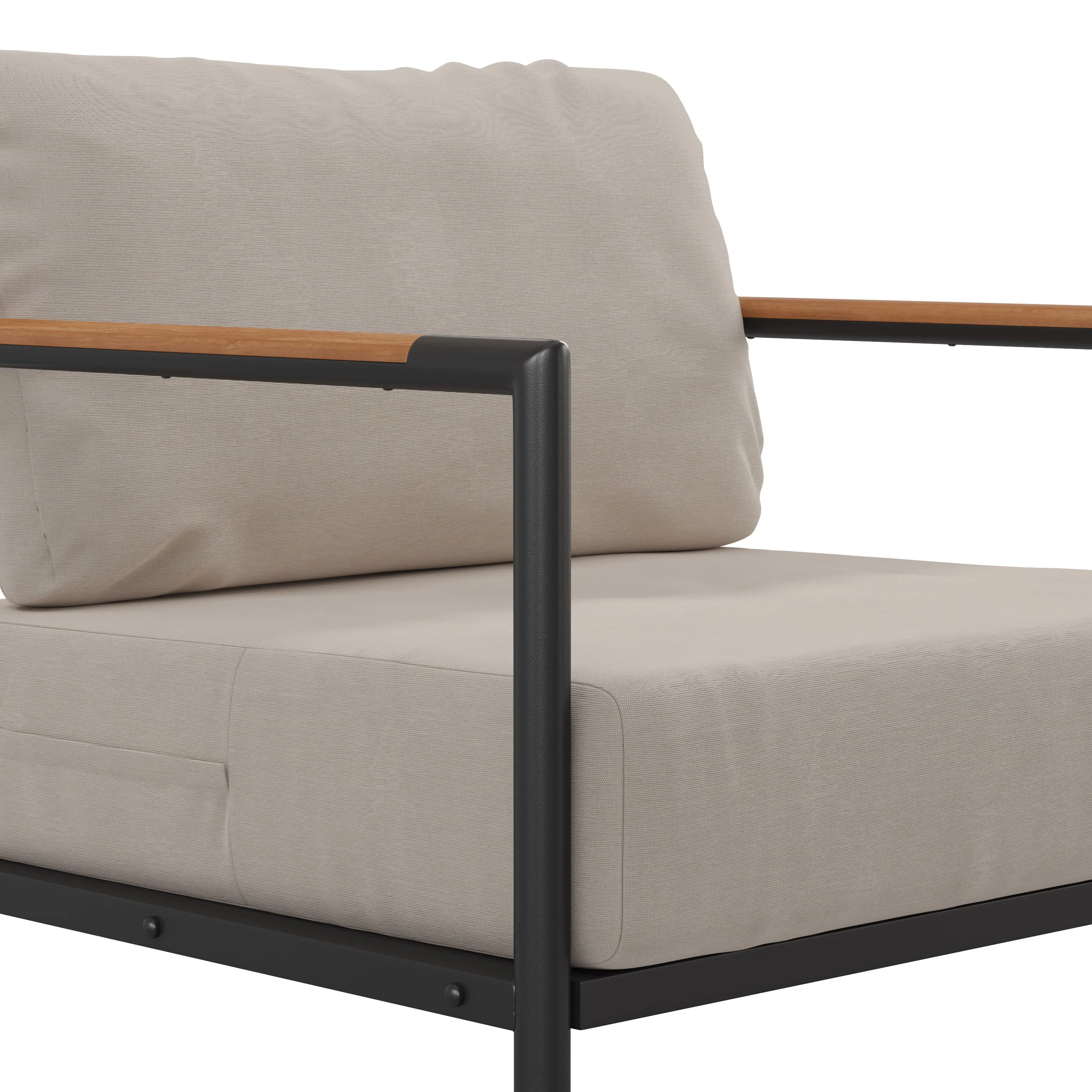 Lea Indoor/Outdoor Patio Chair with Cushions - Modern Aluminum Framed Chair with Teak Accented Arms