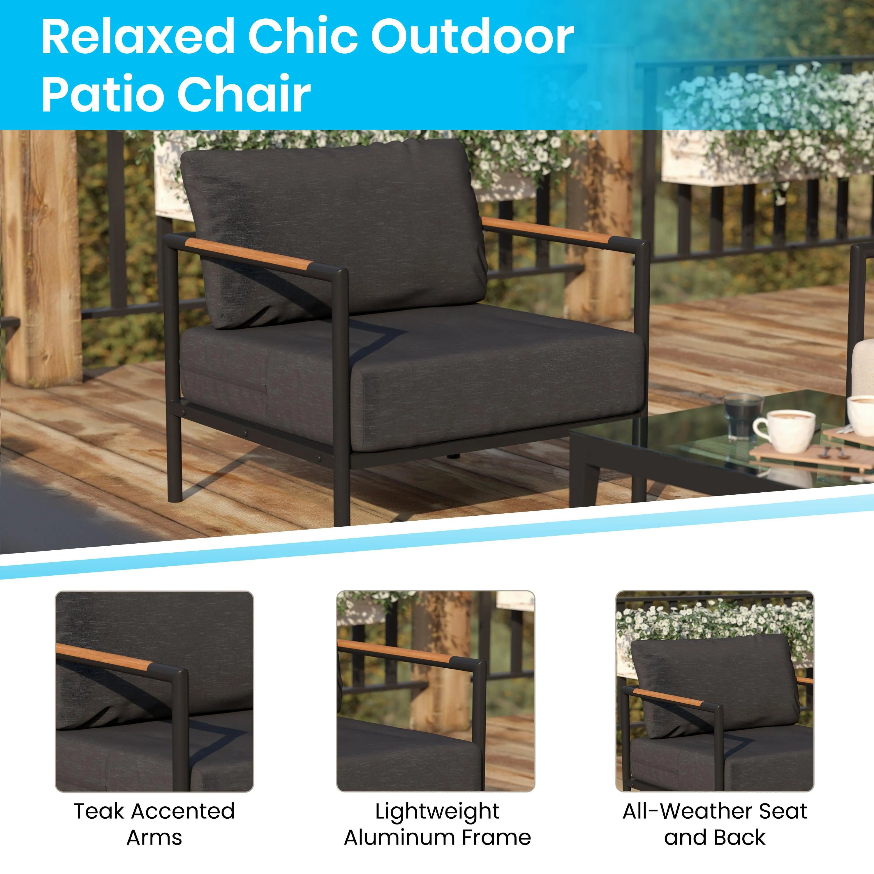 Lea Indoor/Outdoor Patio Chair with Cushions - Modern Aluminum Framed Chair with Teak Accented Arms