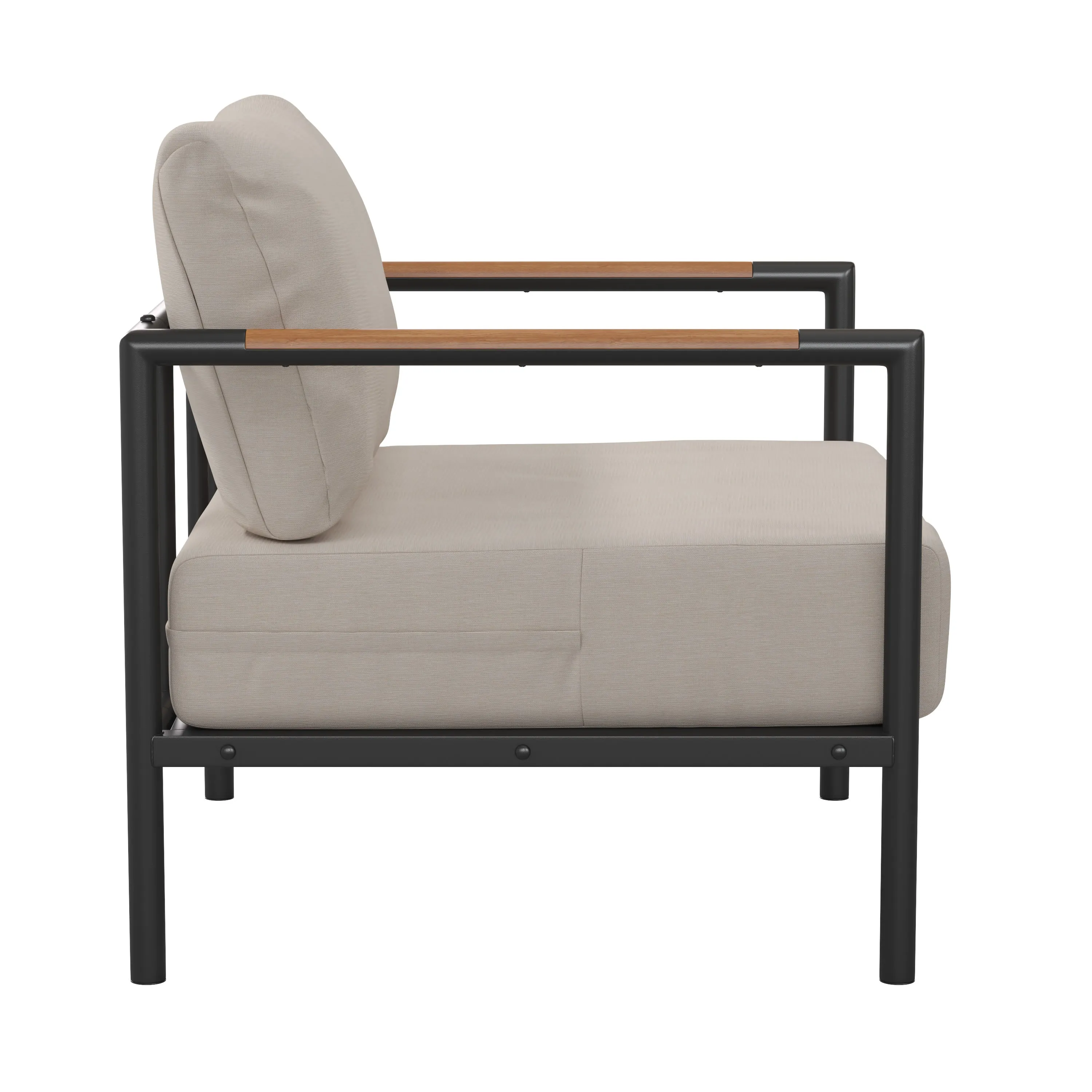 Lea Indoor/Outdoor Patio Chair with Cushions - Modern Aluminum Framed Chair with Teak Accented Arms