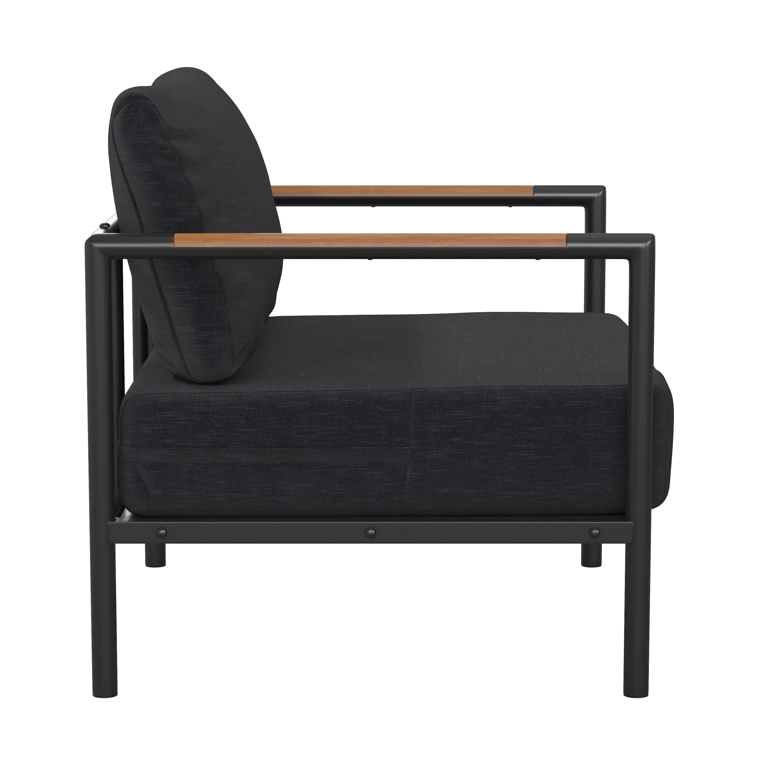 Lea Indoor/Outdoor Patio Chair with Cushions - Modern Aluminum Framed Chair with Teak Accented Arms