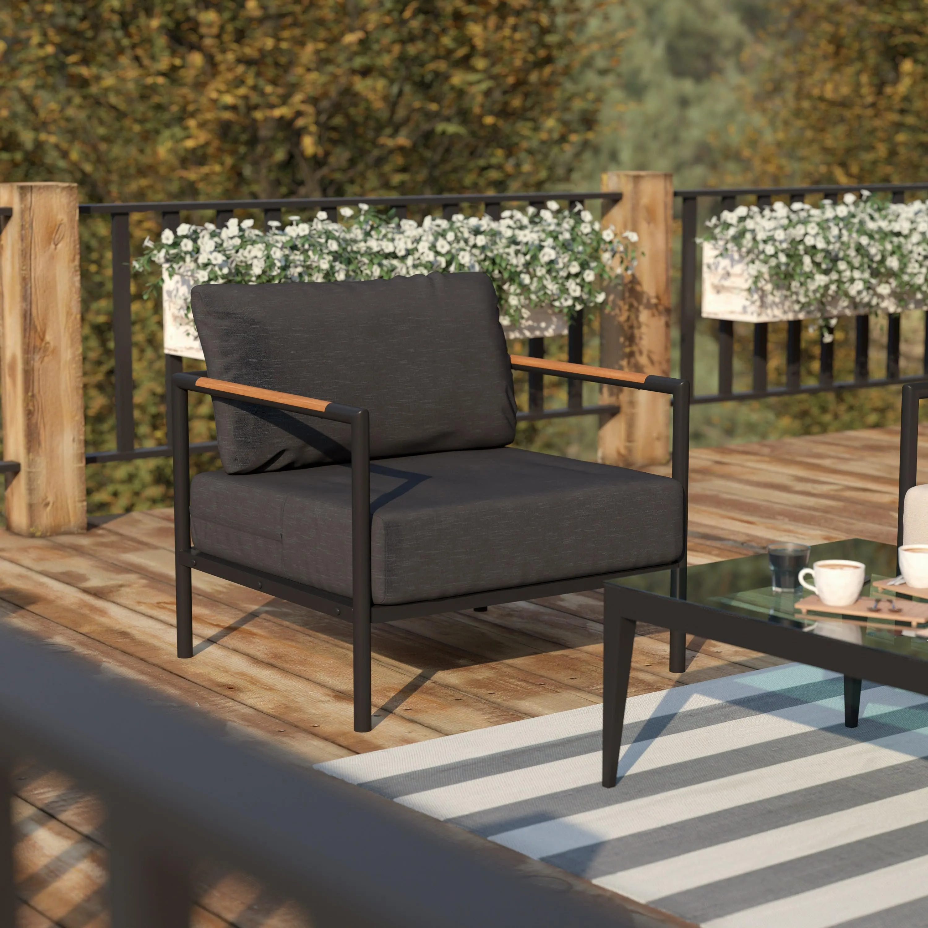 Lea Indoor/Outdoor Patio Chair with Cushions - Modern Aluminum Framed Chair with Teak Accented Arms