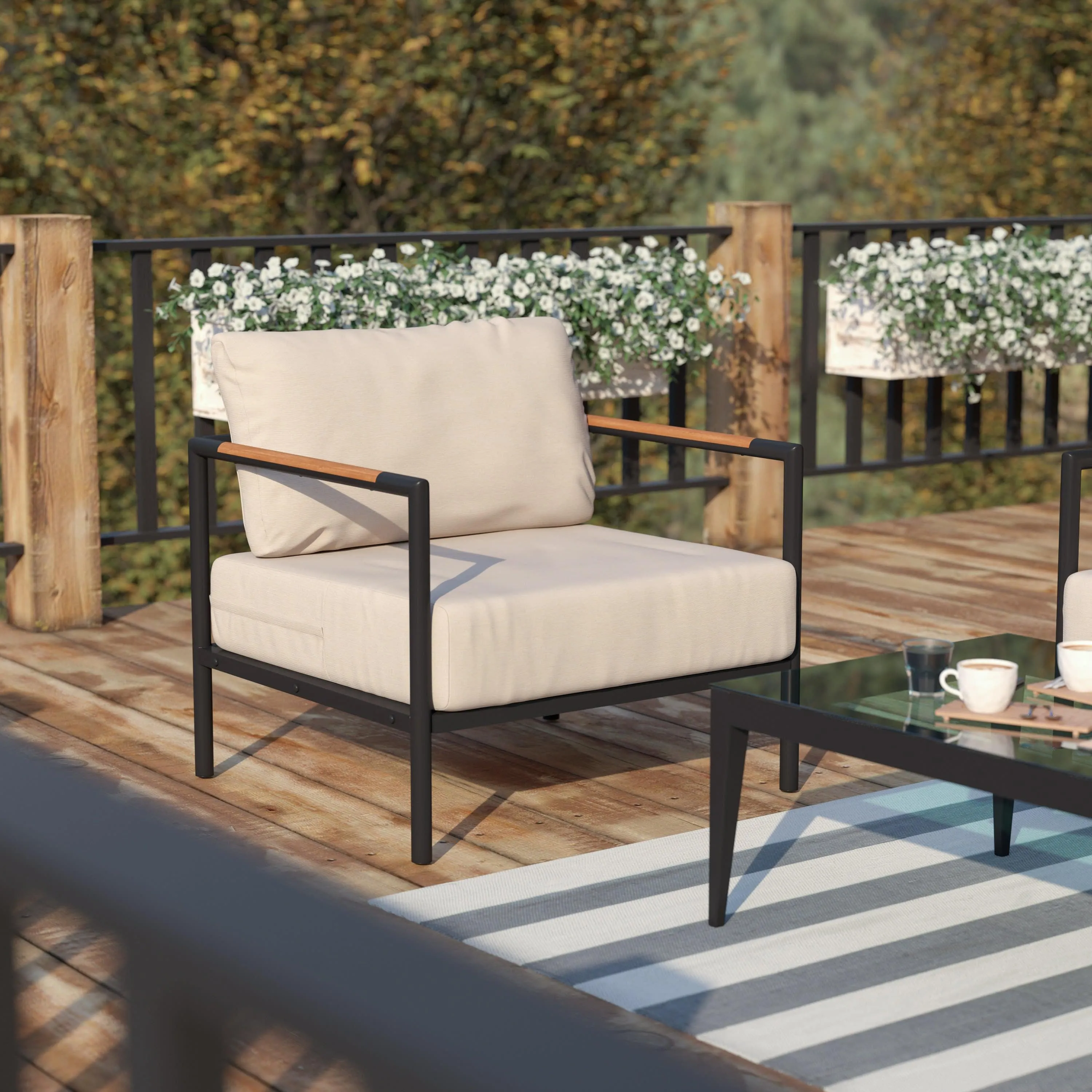 Lea Indoor/Outdoor Patio Chair with Cushions - Modern Aluminum Framed Chair with Teak Accented Arms