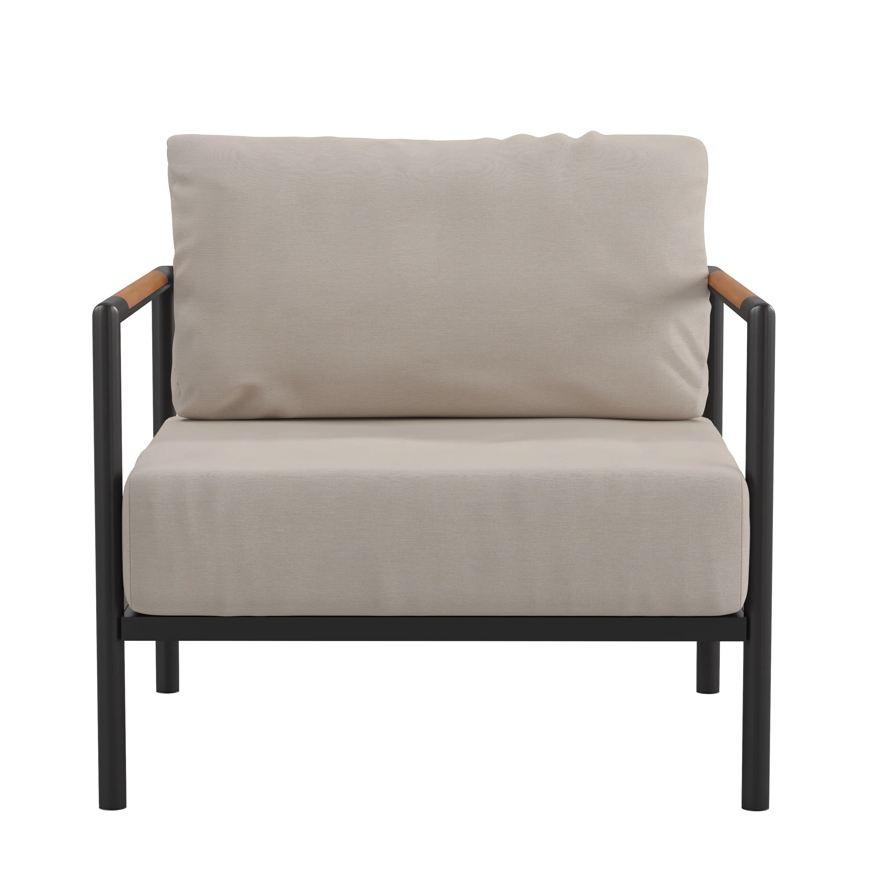 Lea Indoor/Outdoor Patio Chair with Cushions - Modern Aluminum Framed Chair with Teak Accented Arms