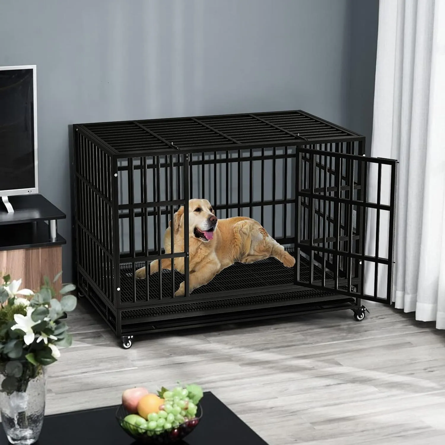 LEMBERI 48/38 inch Heavy Duty Indestructible Dog Crate, Escape Proof Dog Cage Kennel with Lockable Wheels,High Anxiety Double Door,Extra Large Crate Indoor for Large Dog with Removable Tray
