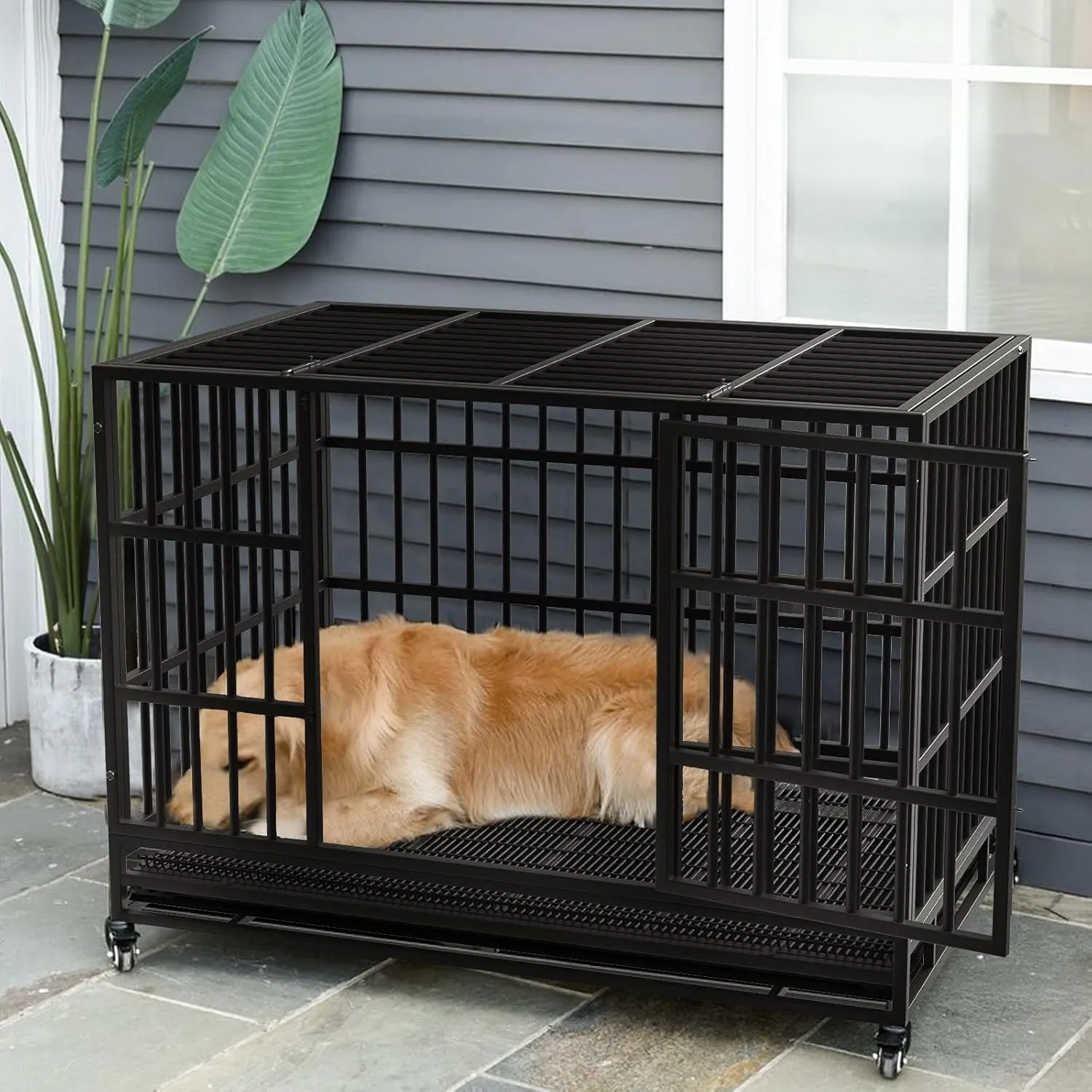 LEMBERI 48/38 inch Heavy Duty Indestructible Dog Crate, Escape Proof Dog Cage Kennel with Lockable Wheels,High Anxiety Double Door,Extra Large Crate Indoor for Large Dog with Removable Tray
