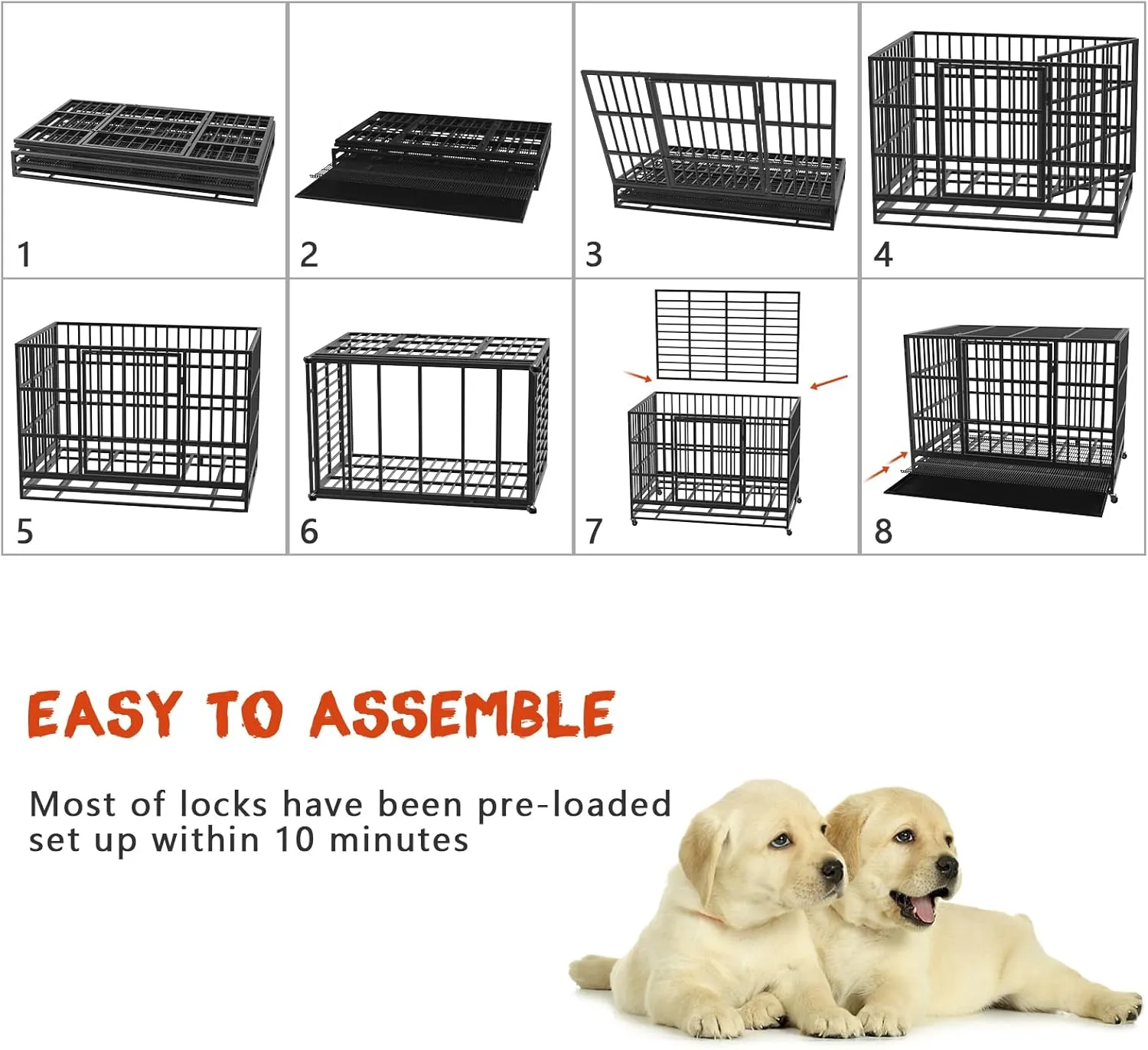 LEMBERI 48/38 inch Heavy Duty Indestructible Dog Crate, Escape Proof Dog Cage Kennel with Lockable Wheels,High Anxiety Double Door,Extra Large Crate Indoor for Large Dog with Removable Tray