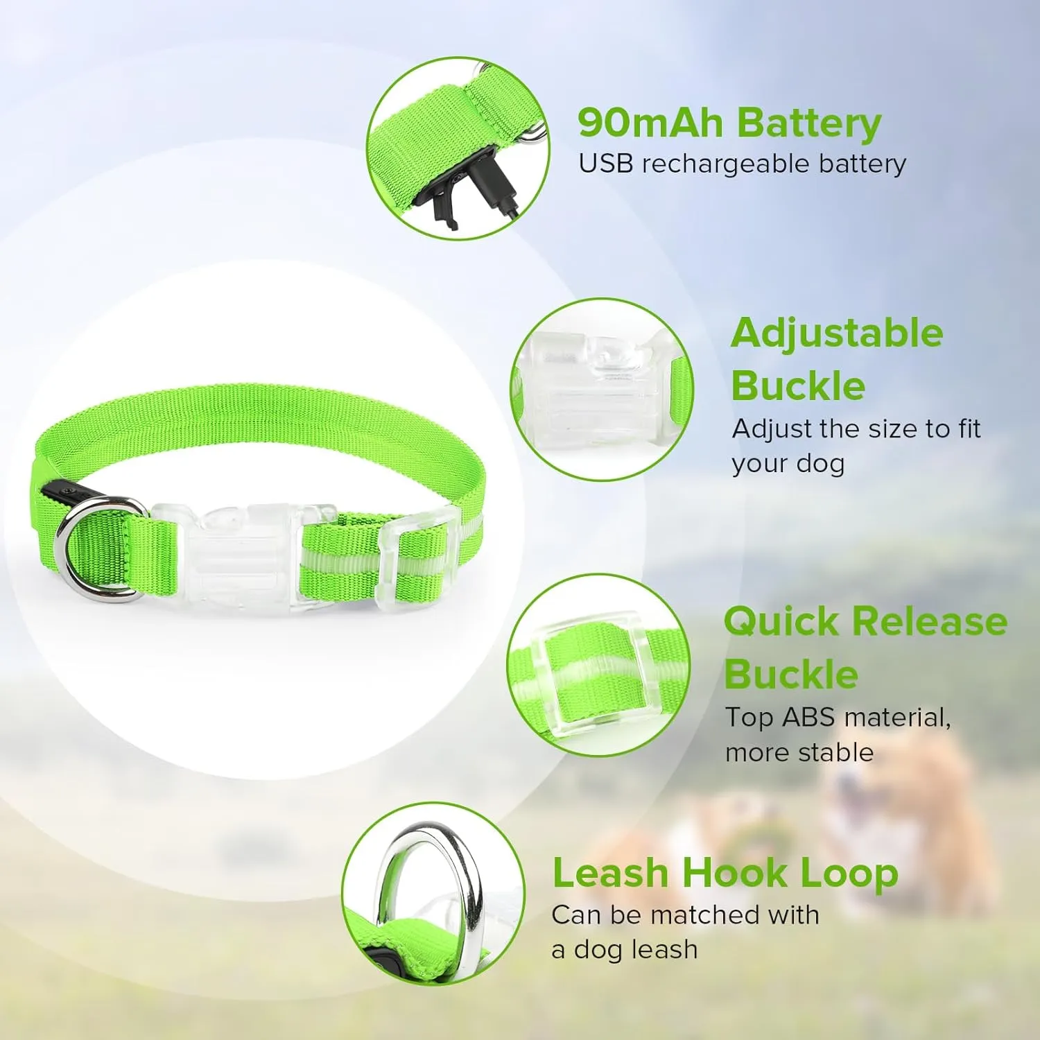 Light Up Dog Collar, Adjustable USB Rechargeable Glow in Dark Dog Collar Waterproof for Small Medium Large Dogs (Green, Small)