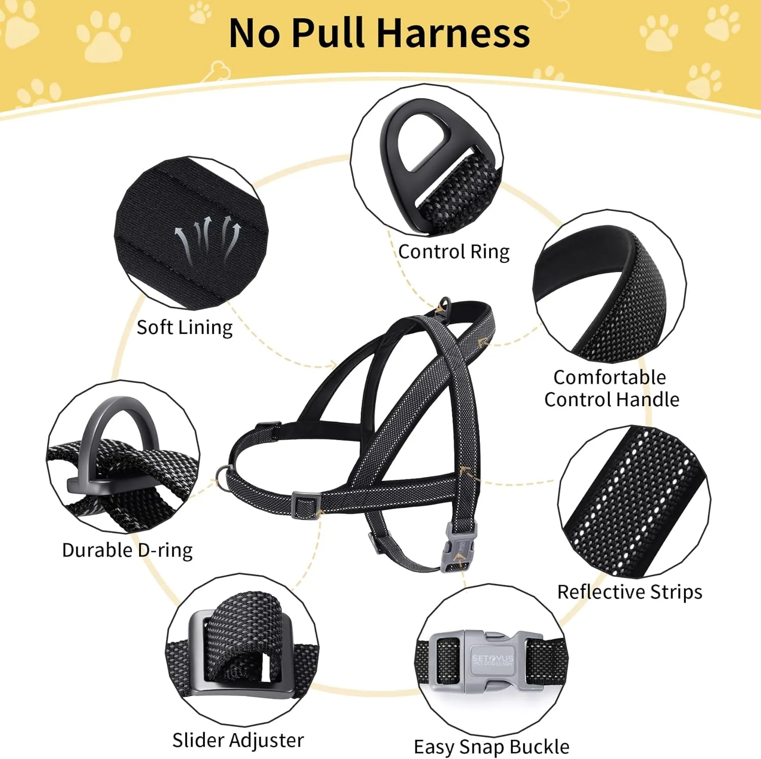No Pull Dog Harness, Reflective Puppy Harness with Soft Padded Handle, Escape Proof/Quick Fit Adjustable Pet Harness for Small Medium Large Dogs, Easy for Training Walking (Black, M)