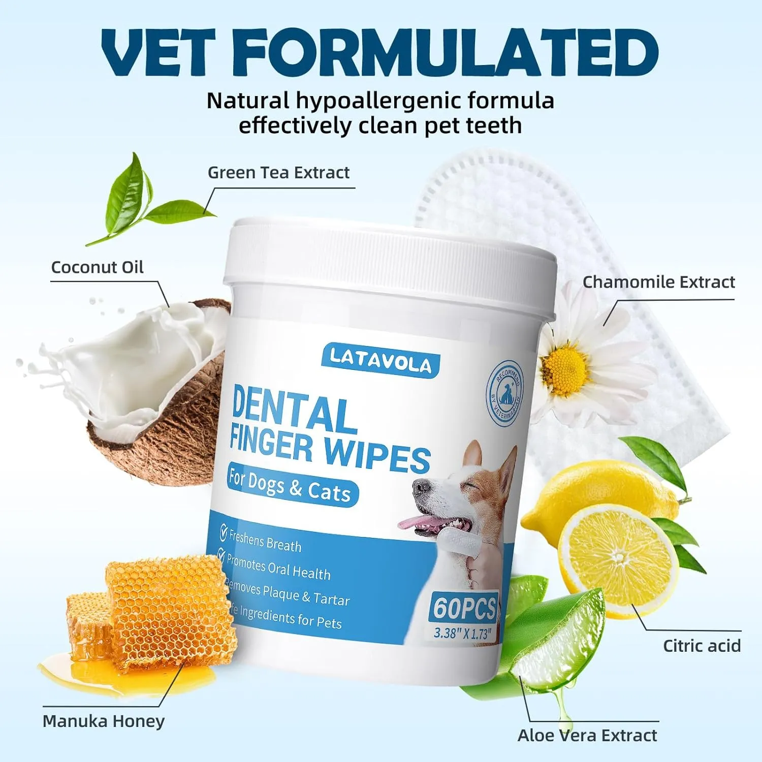 No-Rinse Dog Dental Care Wipes, Cat & Dog tooth brushing kit, Dog Wipes for Pet & Cat Teeth Cleaning, Dog toothbrush Finger Dental Wipes to Remove Plaque & Tartar, Disposable Dog Wipes - 60 Count