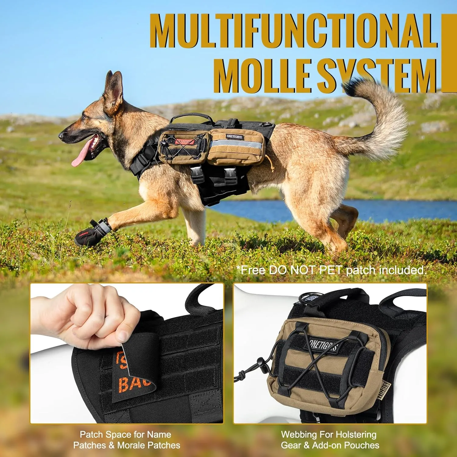 OneTigris Tactical Large Dog Harness, 5X Metal Buckled No Pull Service Dog Harness Vest with Hook & Loop Panels, Military Heavy Duty Dog Vest for Walking Hiking Training