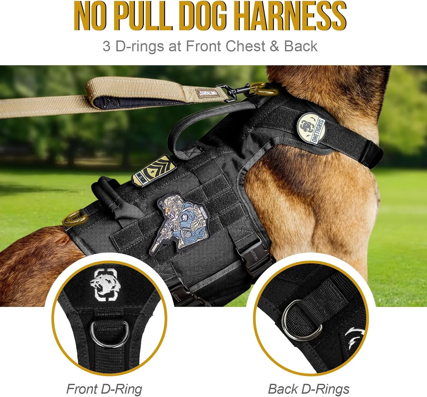 OneTigris Tactical Large Dog Harness, 5X Metal Buckled No Pull Service Dog Harness Vest with Hook & Loop Panels, Military Heavy Duty Dog Vest for Walking Hiking Training