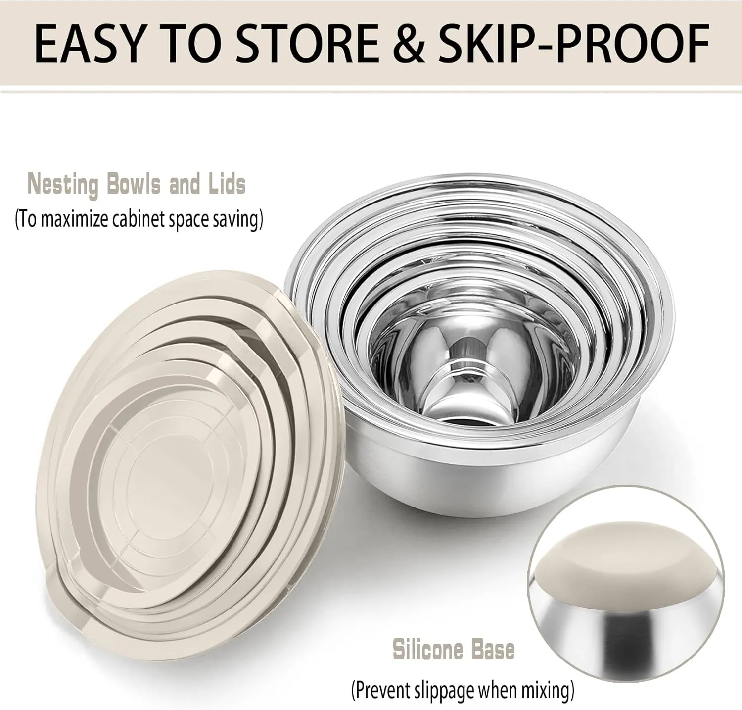 P&P CHEF Mixing Bowls With Lids, Set of 6, Stainless Steel Nesting Mixing Bowls & Fitting Lids & Non-Slip Silicone Bottom, Ideal for Mixing, Storing, Size 0.7/1/1.5/2.5/3/4.6 Qt, Khaki