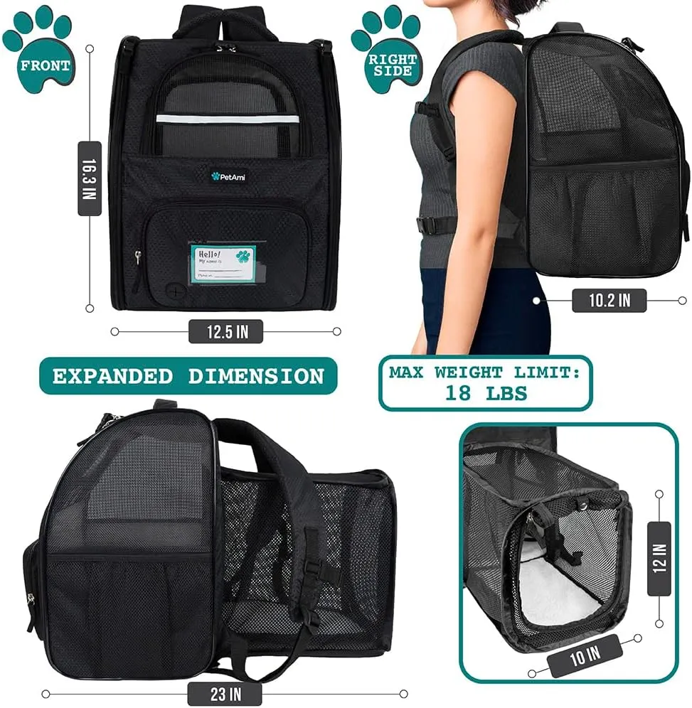 PetAmi Dog Cat Backpack Carrier, Expandable Pet Carrier Backpack for Travel Hiking, Small Medium Dog Puppy Large Cat Carrying Backpack, Airline Approved Ventilated Soft Back Support, 18 lbs, Black