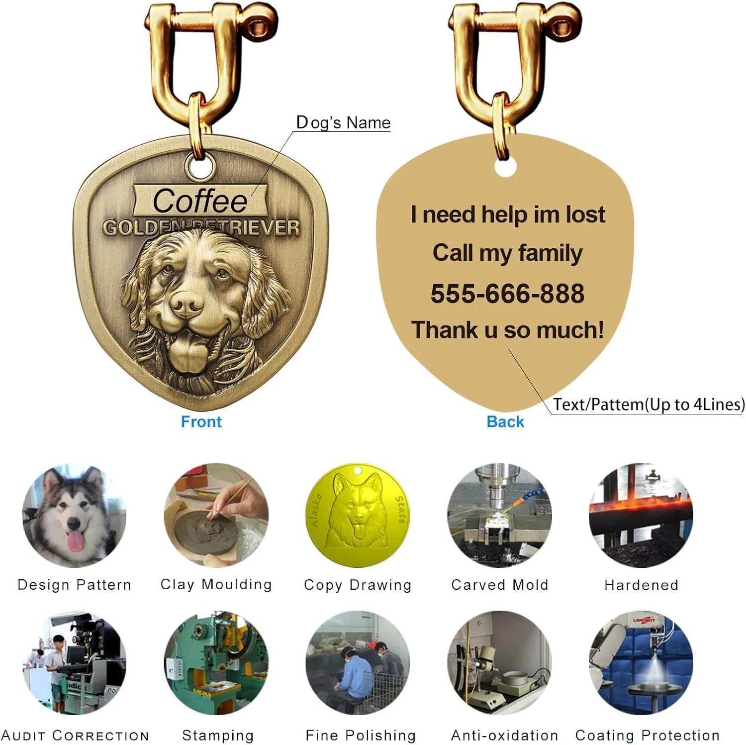 Pure Copper Pet ID Tags - 3D Relief Custom Dog Name Tags with Personalized Lettering on Front and Back, Up to 4 Lines of Text (Up to 25 Characters per Line)