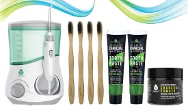 Pursonic OI-200 Professional Counter Top Oral Irrigator Water Flosser with 4 100% Natural Eco Bamboo Toothbrushes, 2 Charcoal Whitening Toothpaste & Activated Coconut Charcoal Powder Teeth Whitener
