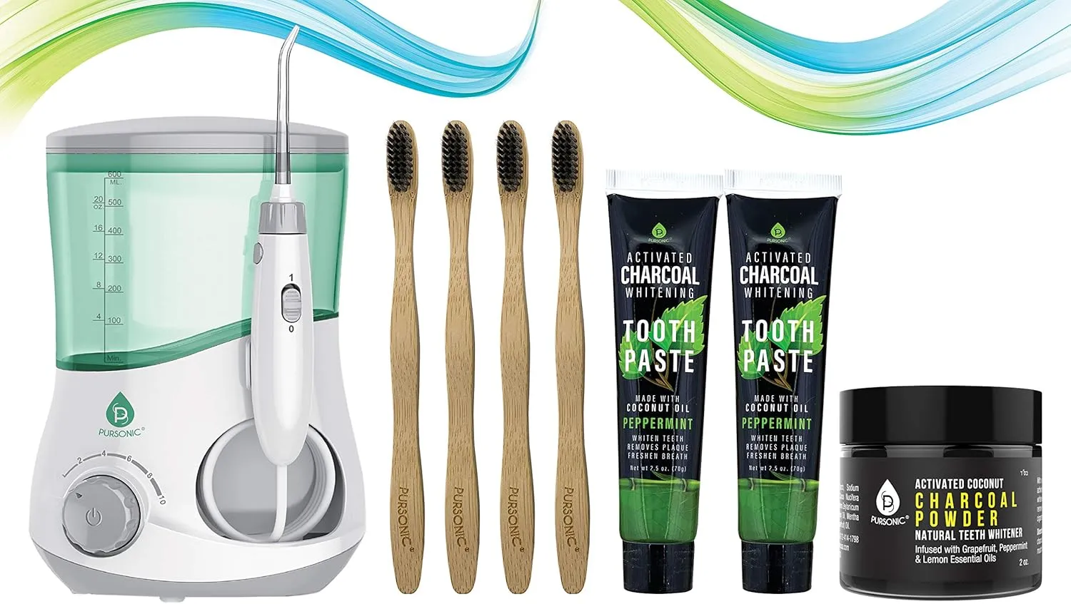 Pursonic OI-200 Professional Counter Top Oral Irrigator Water Flosser with 4 100% Natural Eco Bamboo Toothbrushes, 2 Charcoal Whitening Toothpaste & Activated Coconut Charcoal Powder Teeth Whitener