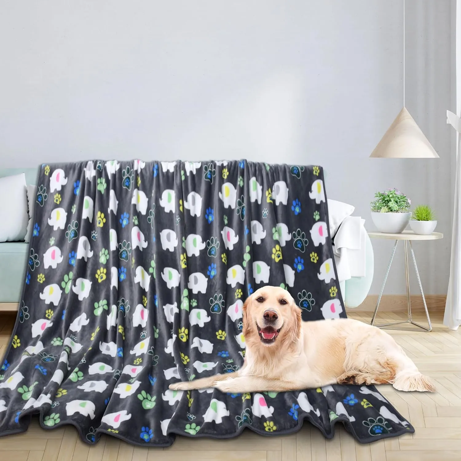 Rezutan Dog Blankets for Large Dogs,with Flannel Gray Elephant Pattern and paw Prints, 60x50 inches, Cat Blanket Puppy Supplies Dog, Soft Pet Mat Throw Cover for Kennel Crate Bed.