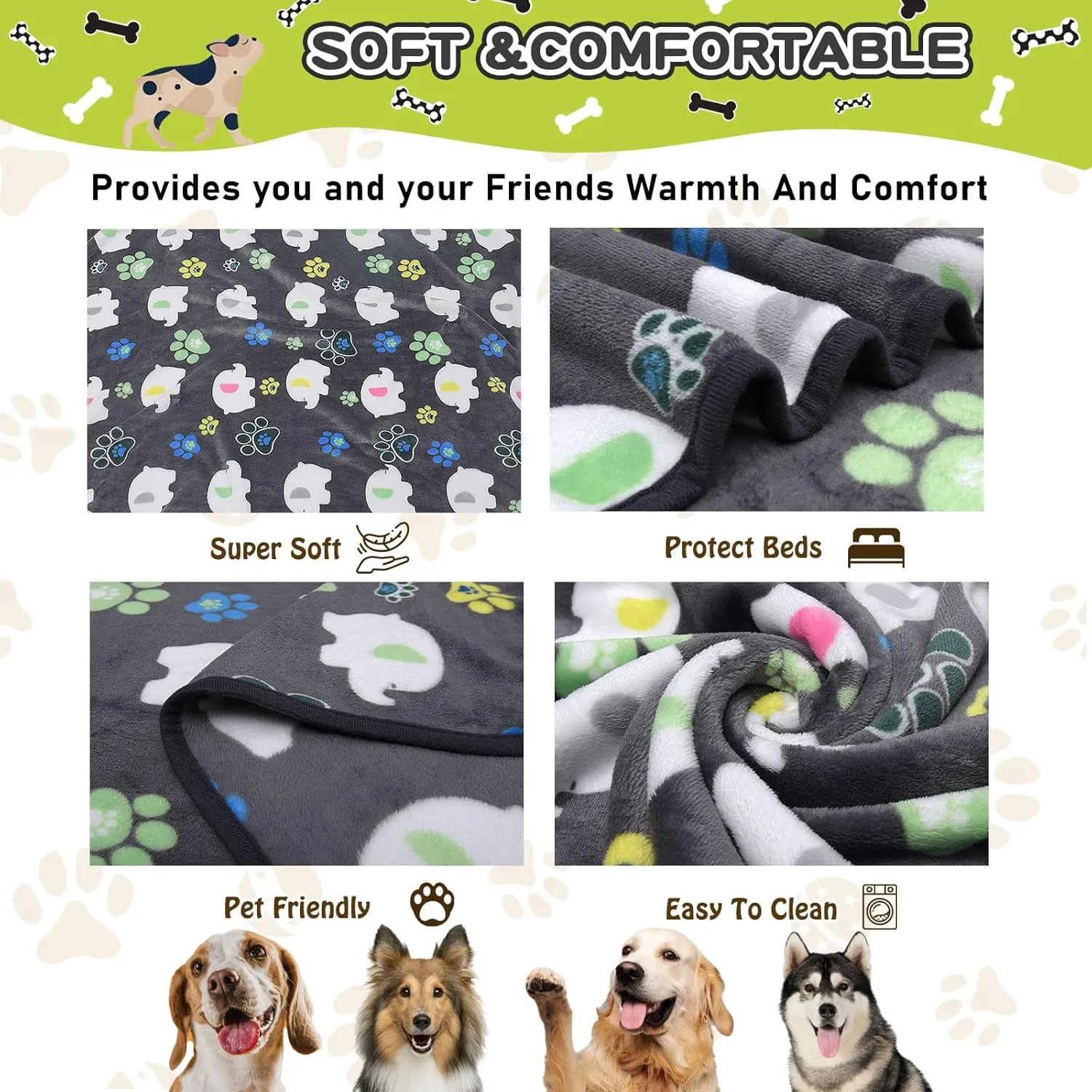 Rezutan Dog Blankets for Large Dogs,with Flannel Gray Elephant Pattern and paw Prints, 60x50 inches, Cat Blanket Puppy Supplies Dog, Soft Pet Mat Throw Cover for Kennel Crate Bed.