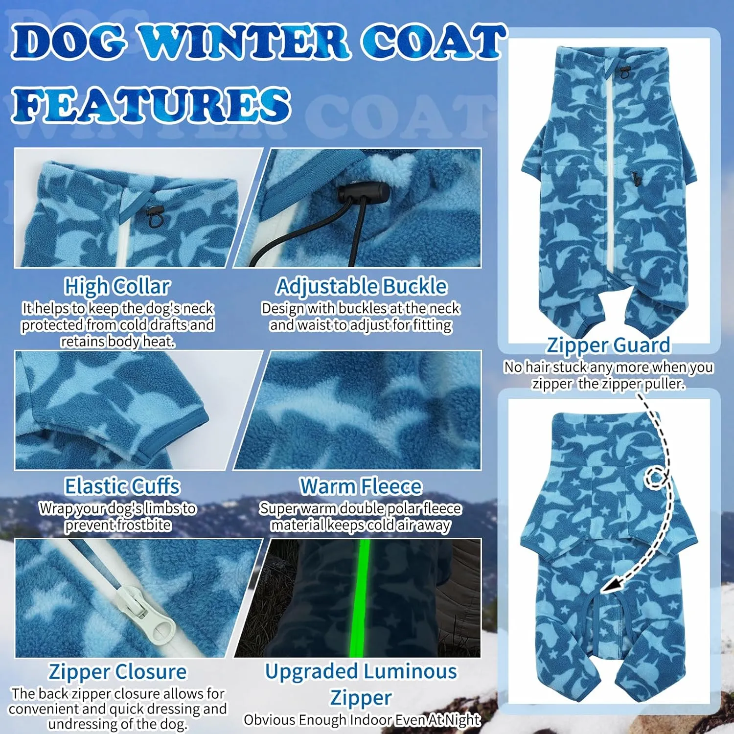 ROZKITCH Dog Winter Coat Soft Fleece Pullover Pajamas, Pet Windproof Warm Cold Weather Jacket Vest with Luminous Zipper, Jumpsuit Apparel Outfit Clothes for Small Medium Large Dog Shark 3XL