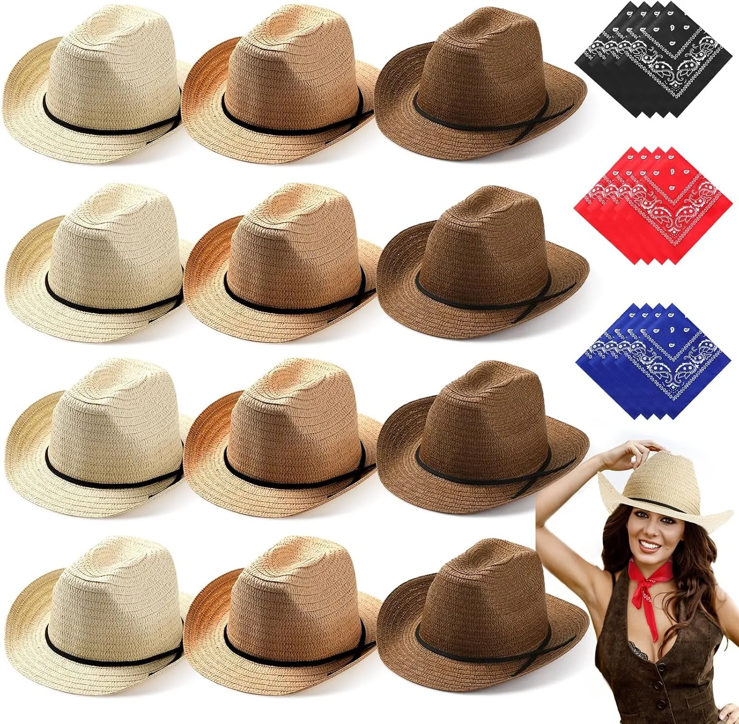 SATINIOR 12 Set Straw Cowboy Caps and Bandanas Cowboy Party cap Costume Head Bandana Bulk Western Accessories(Beige, Khaki, Brown, Classic Style)