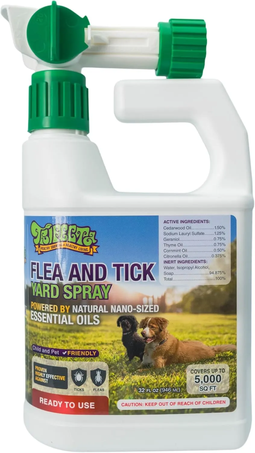 Trifecta Outdoor Flea & Tick Spray for Yards | All Natural Flea and Tick Prevention for Yards with Essential Oils | Pet and Family Safe | Hose-End Sprayer, Ready-to-Use for up to 5,000 Sq Ft
