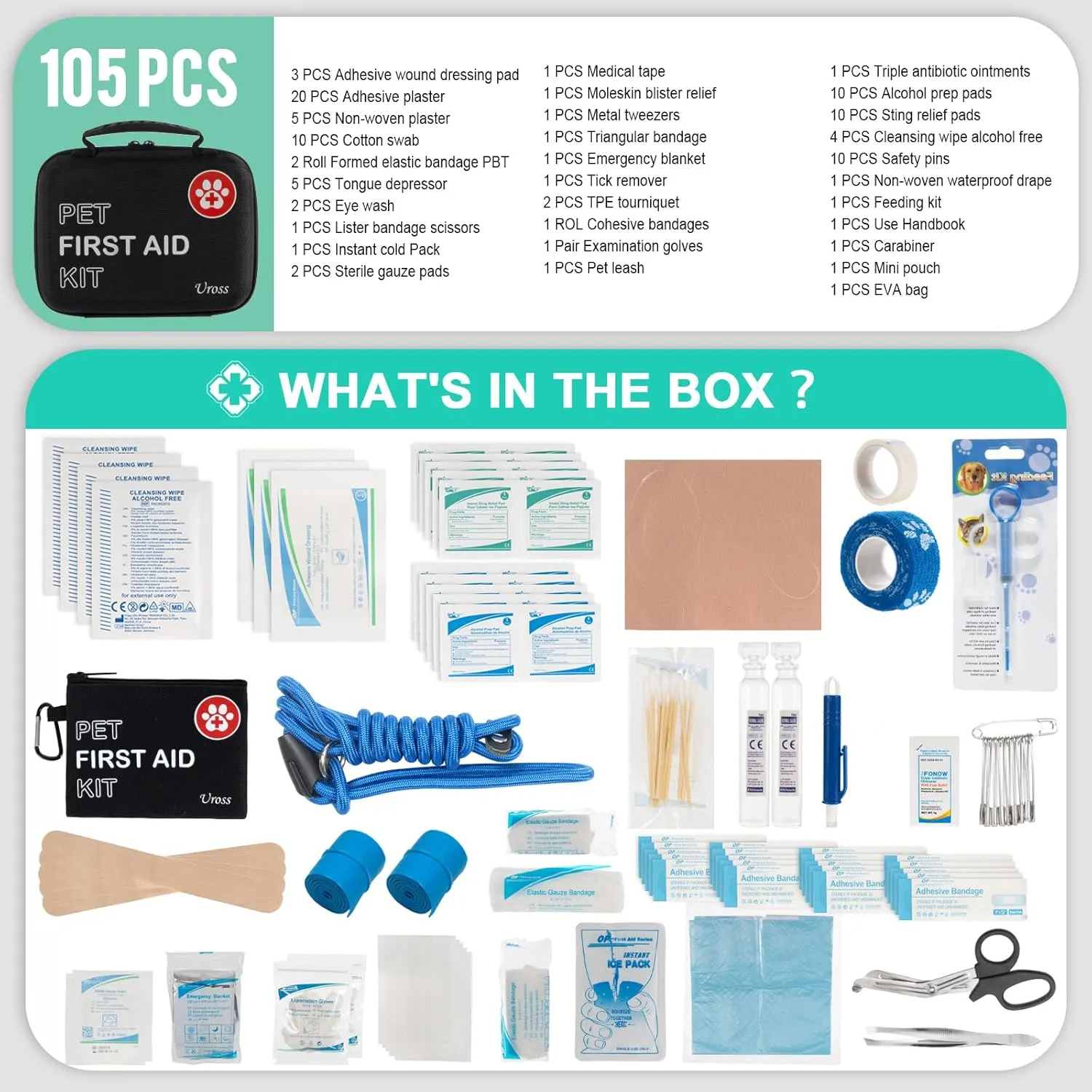Uross Dog First Aid Kit- 105PCS Pet Emergency Kit, Cat First Aid Kit Travel Supplies for Hiking,Dog Medical kit Emergency Survival Kit