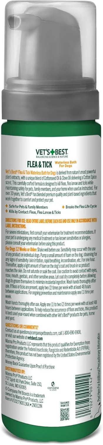 Vet's Best Flea & Tick Waterless Bath for Dogs  Dog Waterless Bath  Kills Fleas & Tick  Natural Flea and Tick Prevention  Kills Fleas on Contact  8oz