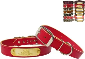 Warner Cumberland Leather Dog Collar Free Engraved Brass ID tag (23" Fits 17-21" Neck, Red) USA