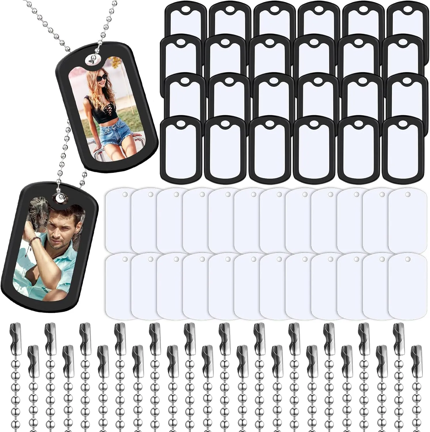Yinkin Sublimation Blank Dog Tag Set Aluminum White Stamping Double Sided Blank Metal Pendants with Military Silicone Dog Tag Silencer with 23.6 Inch Chain for DIY(24 Sets)
